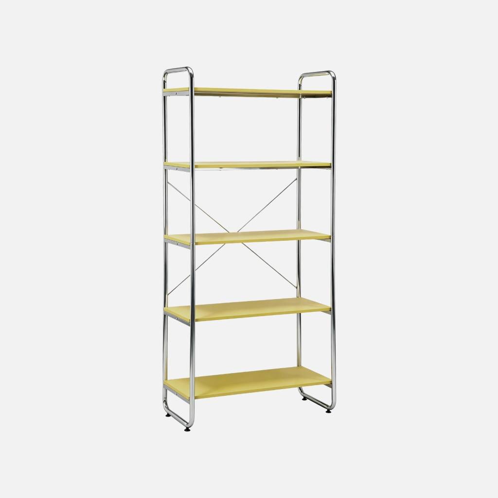 Scaffale libreria in metallo cromato ed effetto legno, 5 livelli, Giallo