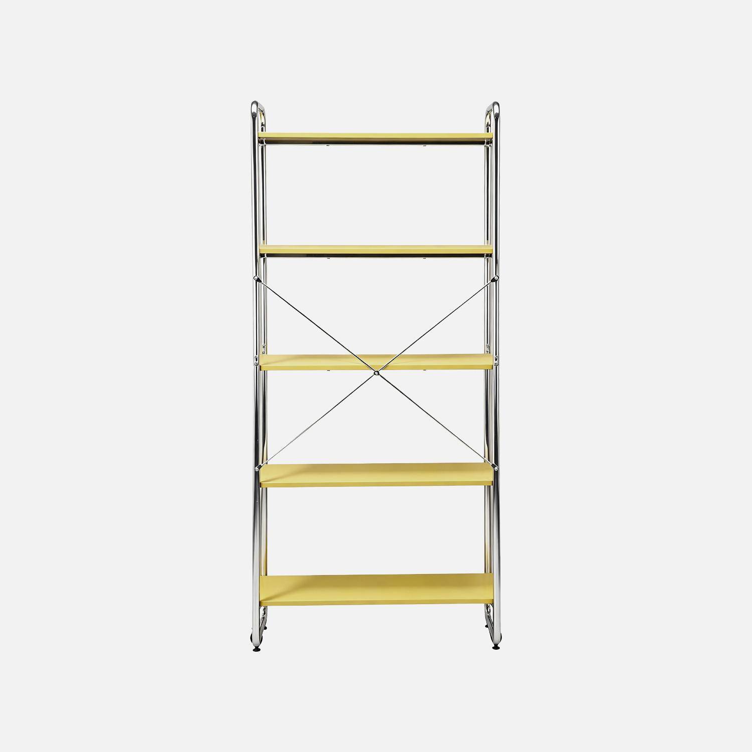 Scaffale libreria in metallo cromato ed effetto legno, 5 livelli, Lennox, Giallo, 80x40x180 cm,sweeek,Photo3