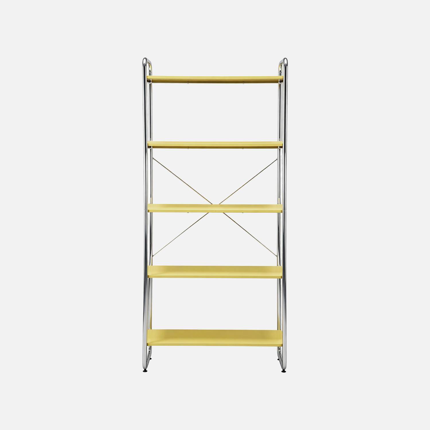 Scaffale libreria in metallo cromato ed effetto legno, 5 livelli, Lennox, Giallo, 80x40x180 cm,sweeek,Photo2