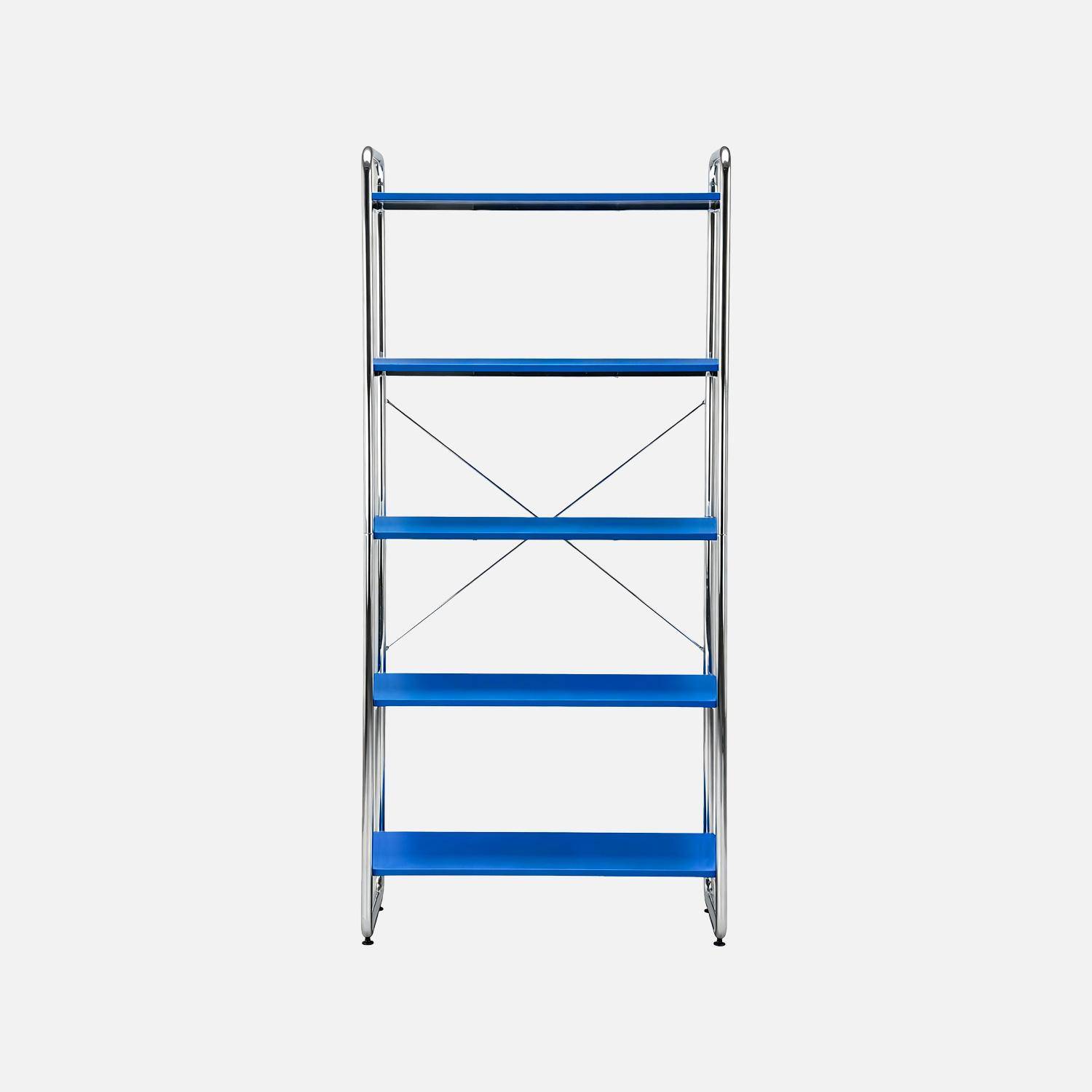 Scaffale libreria in metallo cromato ed effetto legno, 5 livelli, Lennox, Blu scuro, 80x40x180 cm Photo2