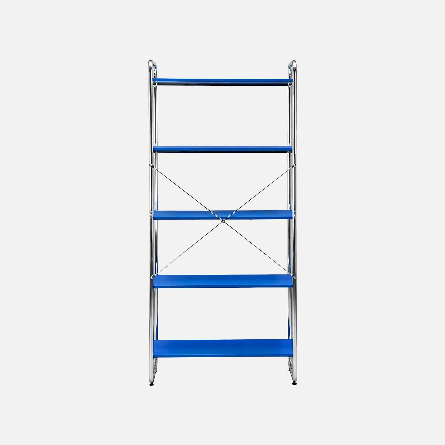 Scaffale libreria in metallo cromato ed effetto legno, 5 livelli, Lennox, Blu scuro, 80x40x180 cm Photo3