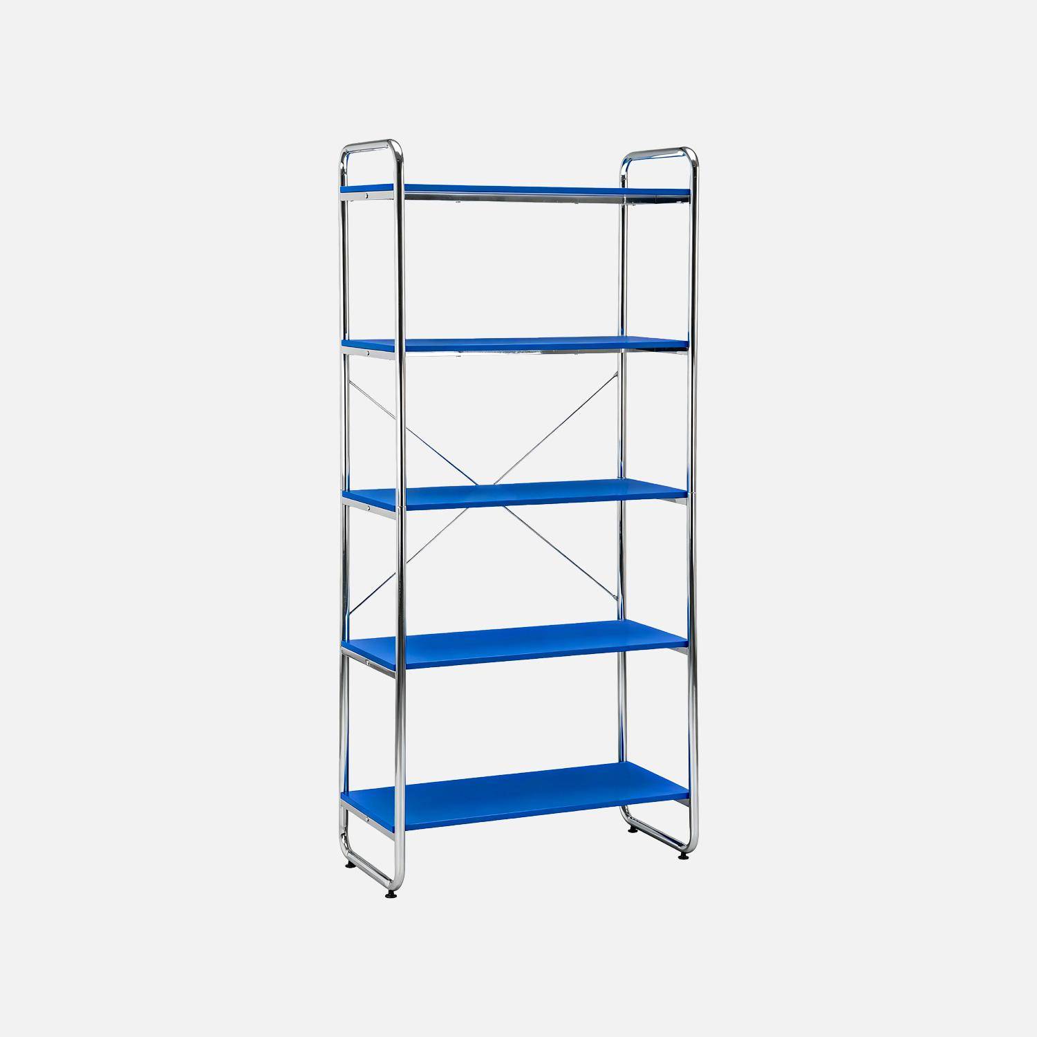 Scaffale libreria in metallo cromato ed effetto legno, 5 livelli, Lennox, Blu scuro, 80x40x180 cm Photo1