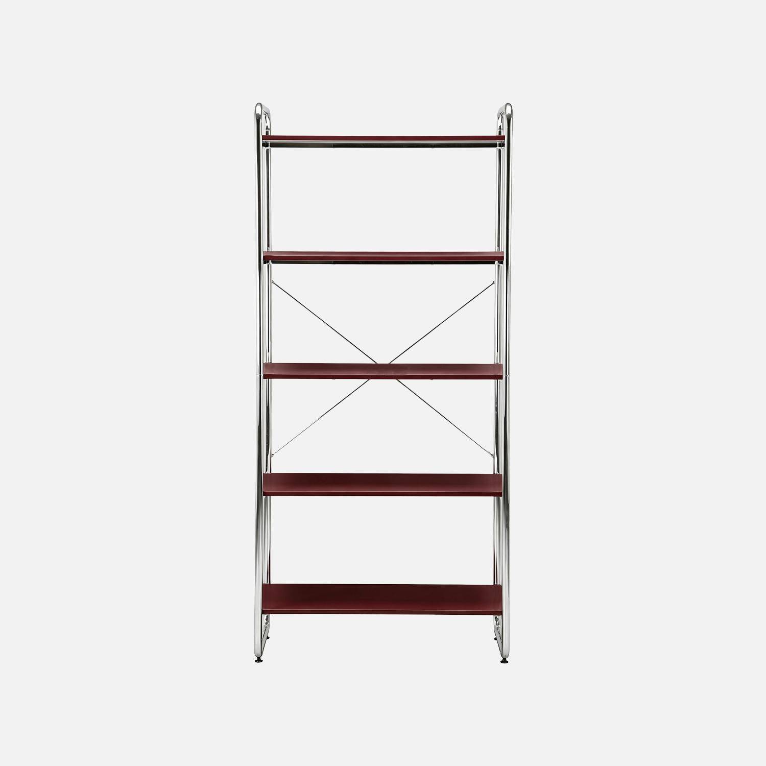 Scaffale libreria in metallo cromato ed effetto legno, 5 livelli, Lennox, Bordeaux, 80x40x180 cm Photo2