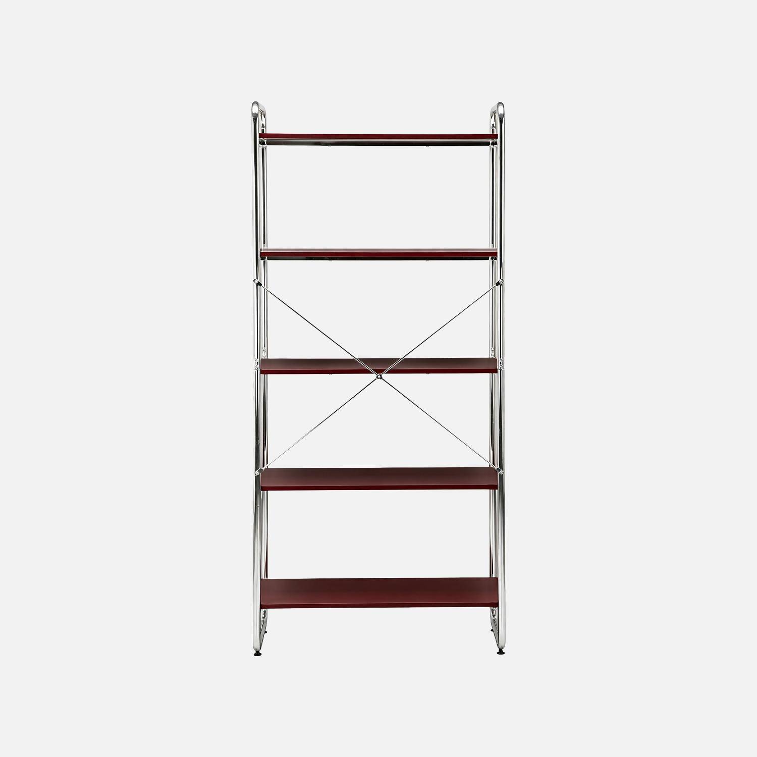 Scaffale libreria in metallo cromato ed effetto legno, 5 livelli, Lennox, Bordeaux, 80x40x180 cm Photo3