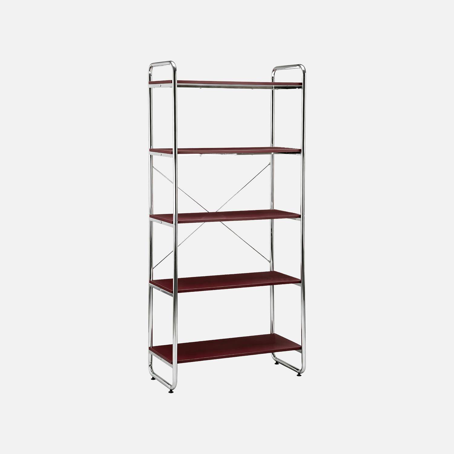 Scaffale libreria in metallo cromato ed effetto legno, 5 livelli, Lennox, Bordeaux, 80x40x180 cm Photo1