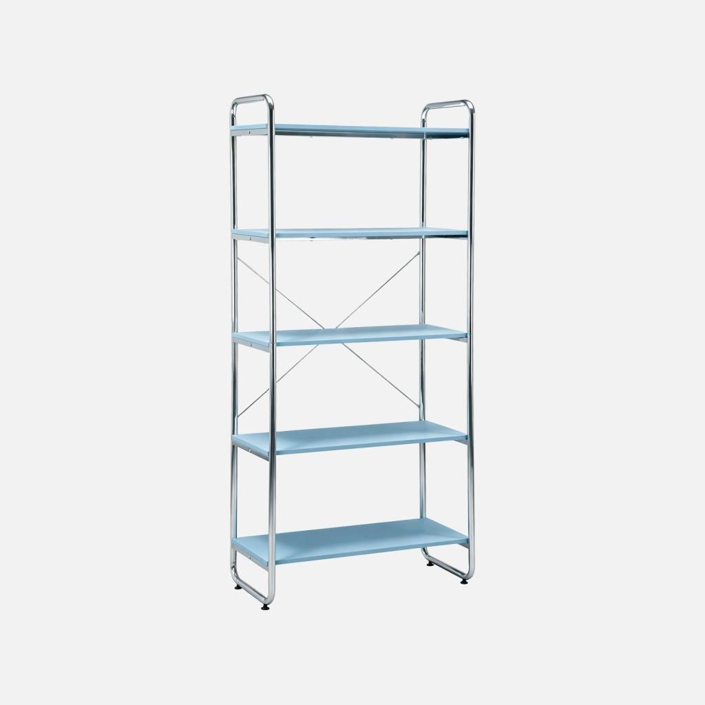 Scaffale libreria in metallo cromato ed effetto legno, 5 livelli, Blu chiaro