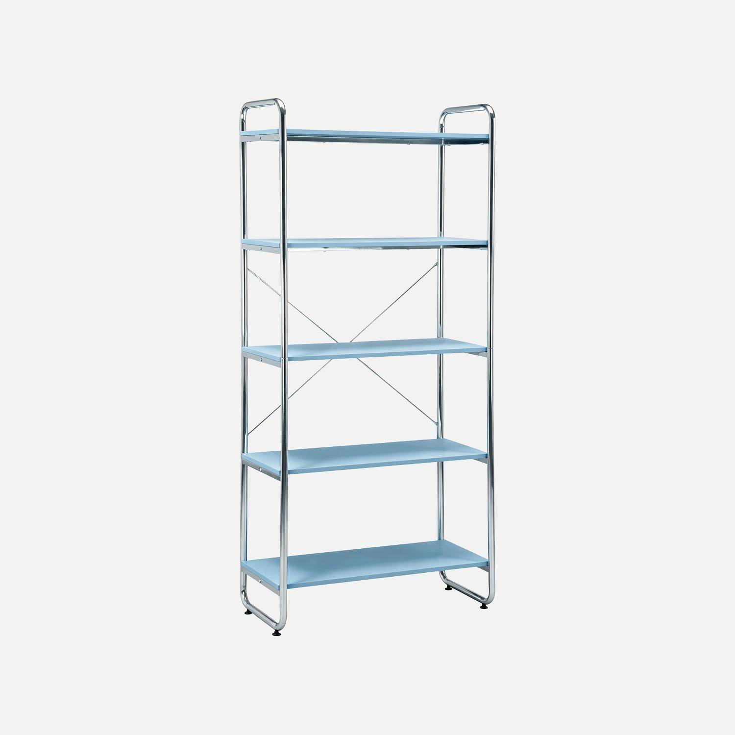 Scaffale libreria in metallo cromato ed effetto legno, 5 livelli, Lennox, Blu chiaro, 80x40x180 cm,sweeek,Photo1