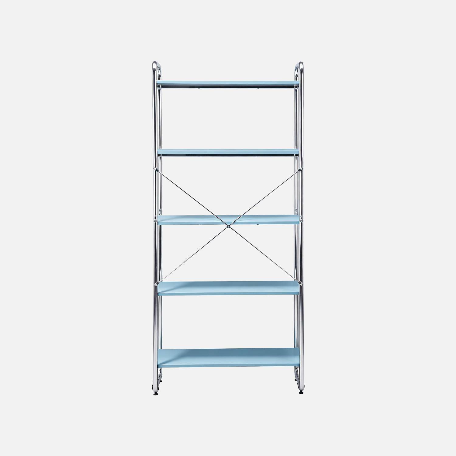 Scaffale libreria in metallo cromato ed effetto legno, 5 livelli, Lennox, Blu chiaro, 80x40x180 cm Photo3