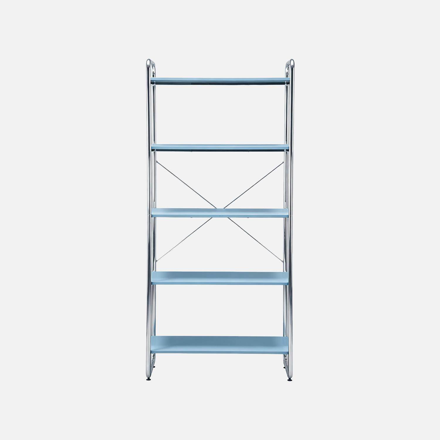 Scaffale libreria in metallo cromato ed effetto legno, 5 livelli, Lennox, Blu chiaro, 80x40x180 cm Photo2