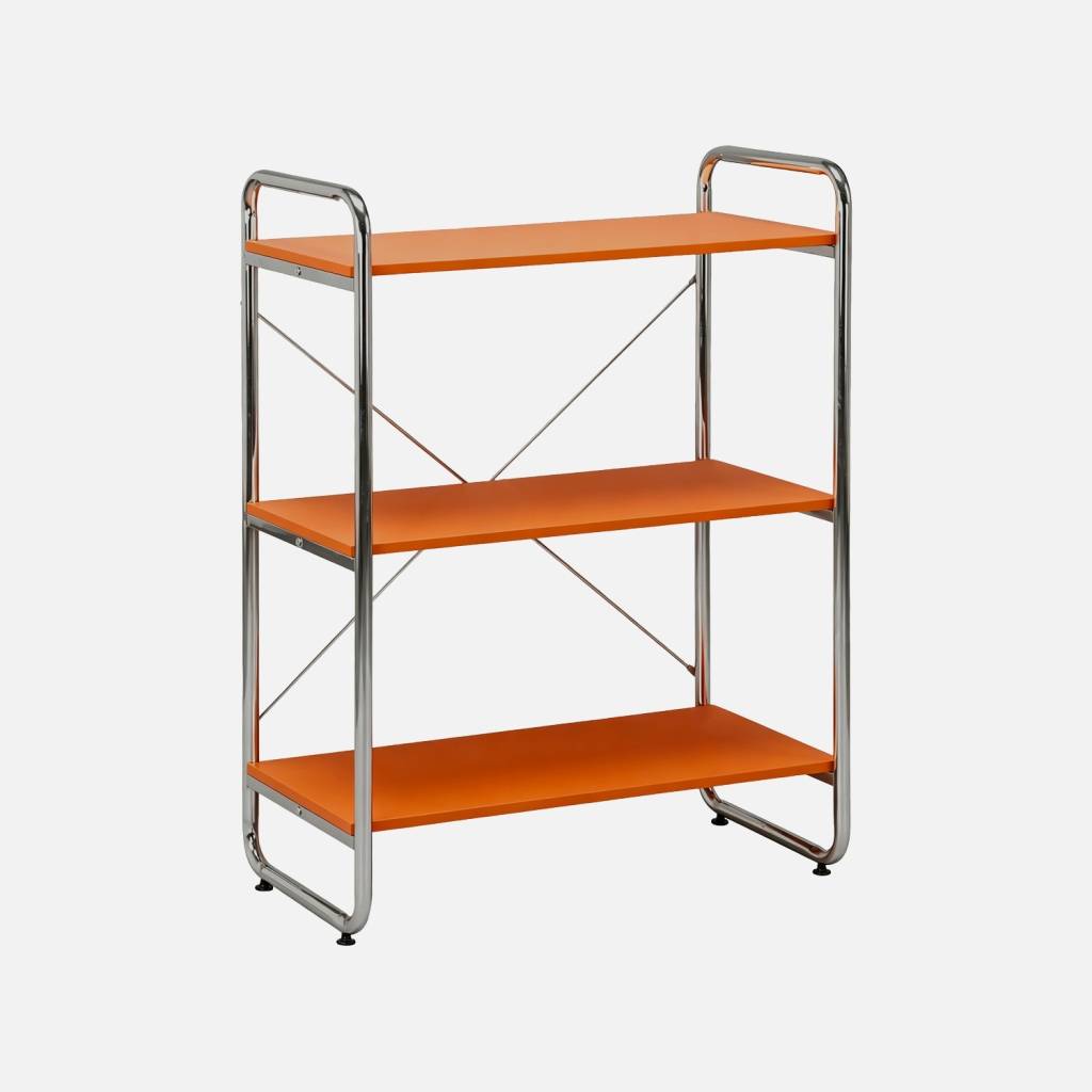 Scaffale libreria in metallo cromato ed effetto legno, 3 livelli, Arancione