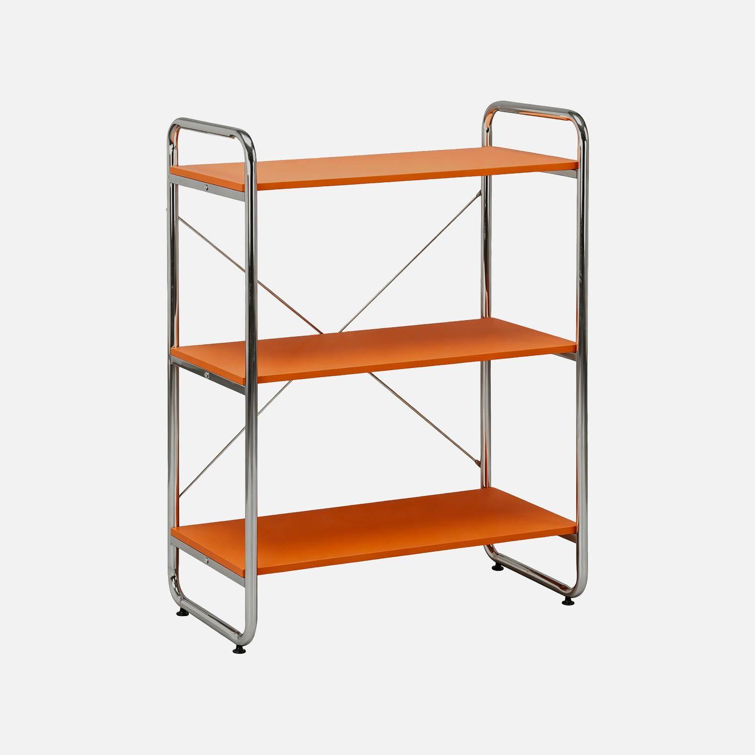 Scaffale libreria in metallo cromato ed effetto legno, 3 livelli, Lennox, Arancione, 80x40x103.5 cm,sweeek,Photo1