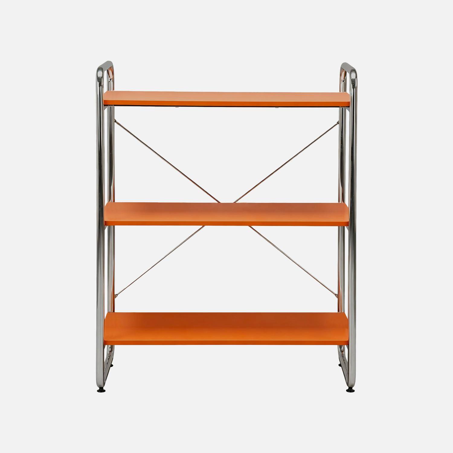 Scaffale libreria in metallo cromato ed effetto legno, 3 livelli, Lennox, Arancione, 80x40x103.5 cm Photo2