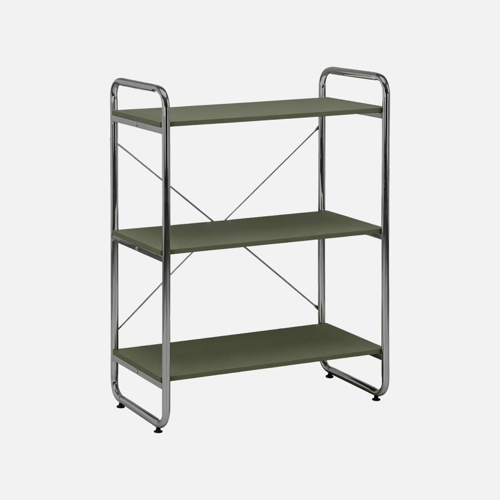 Estantería biblioteca metal cromado y efecto madera, 3 niveles, Verde kaki