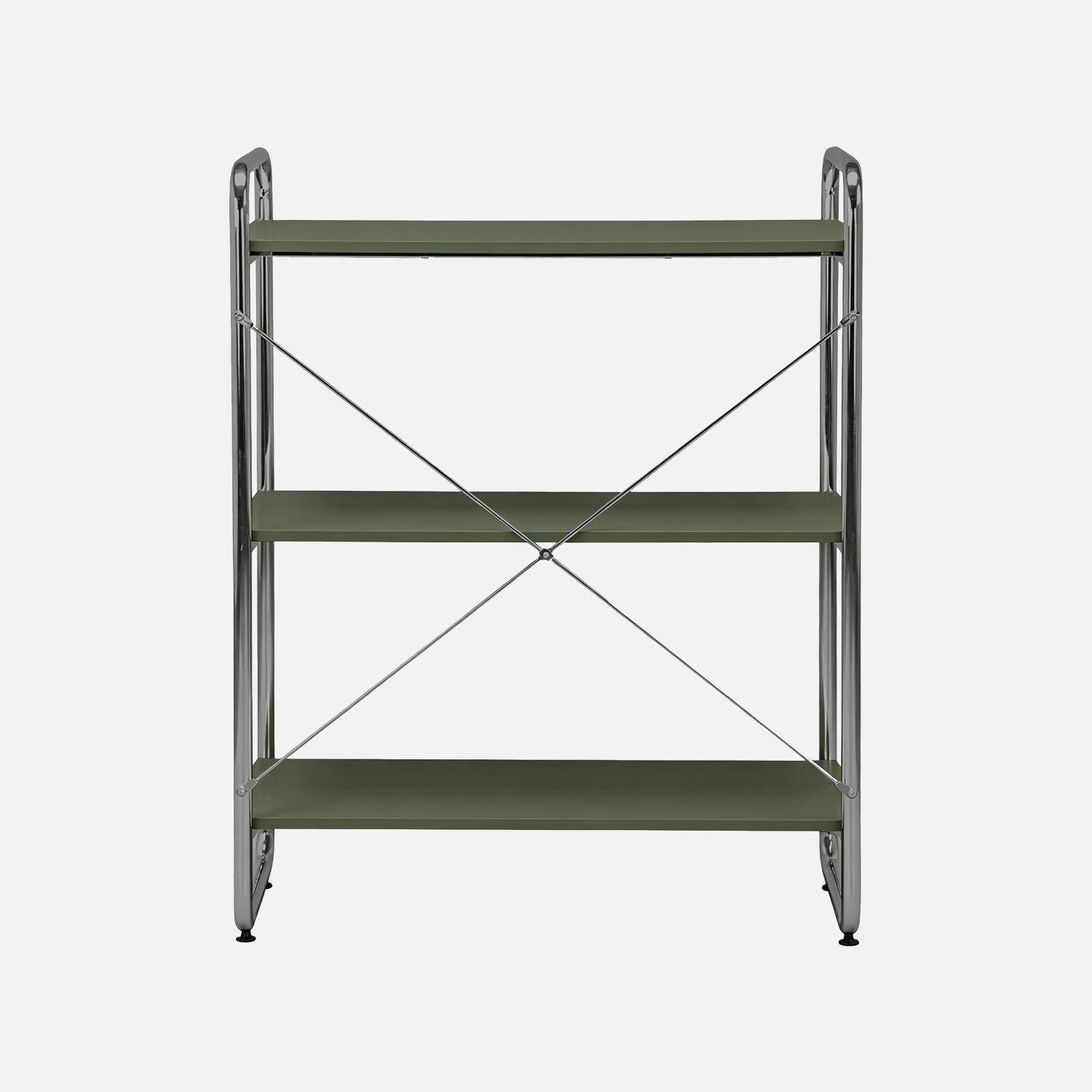 Scaffale libreria in metallo cromato ed effetto legno, 3 livelli, Lennox, Verde kaki, 80x40x103.5 cm,sweeek,Photo3