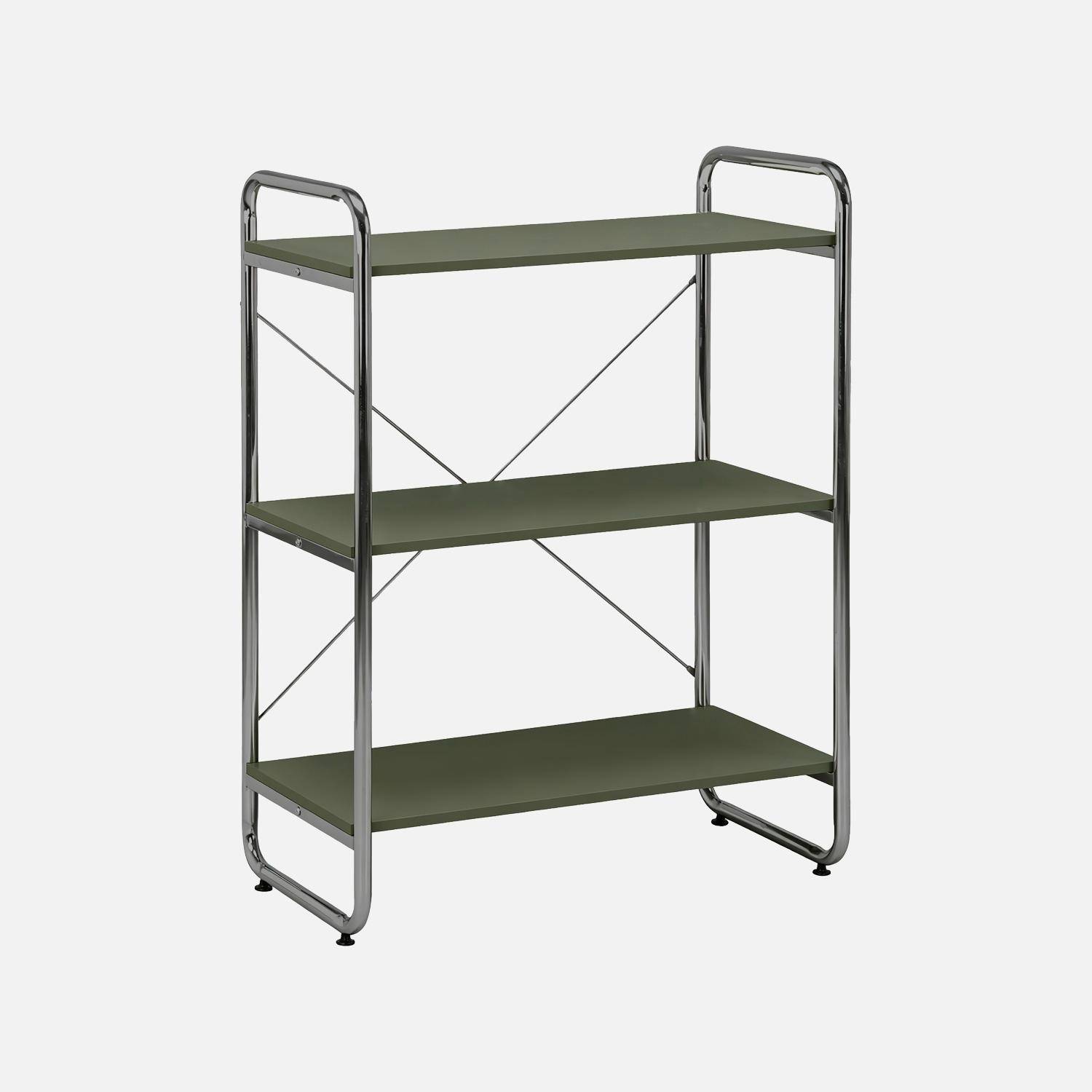 Scaffale libreria in metallo cromato ed effetto legno, 3 livelli, Lennox, Verde kaki, 80x40x103.5 cm,sweeek,Photo1