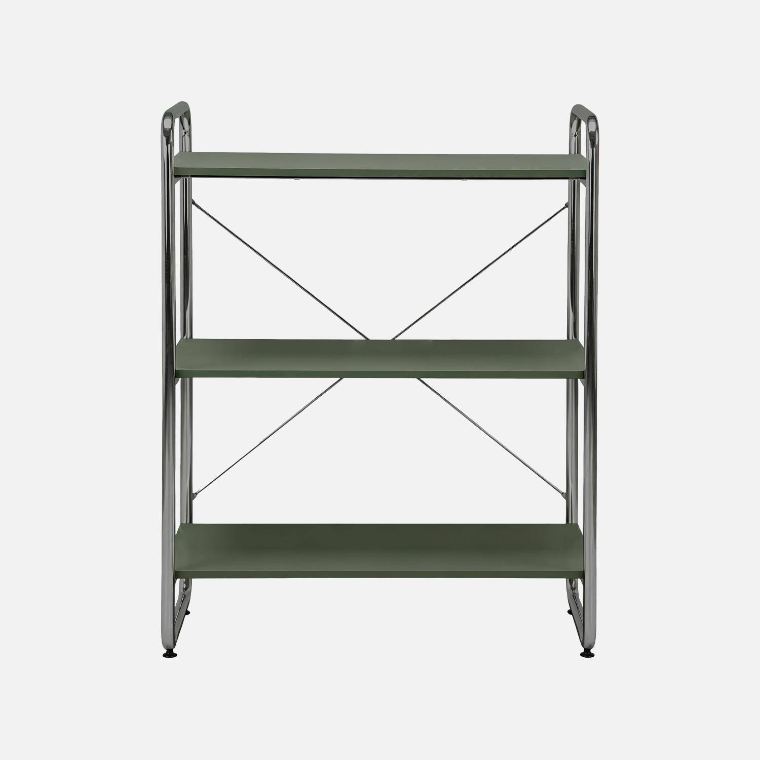 Scaffale libreria in metallo cromato ed effetto legno, 3 livelli, Lennox, Verde kaki, 80x40x103.5 cm Photo2