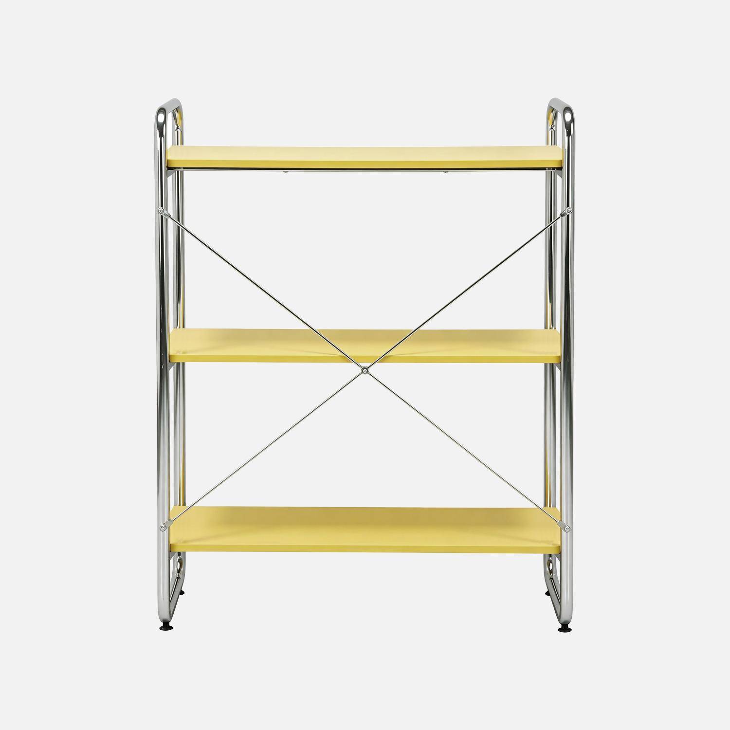 Scaffale libreria in metallo cromato ed effetto legno, 3 livelli, Lennox, Giallo, 80x40x103.5 cm Photo3