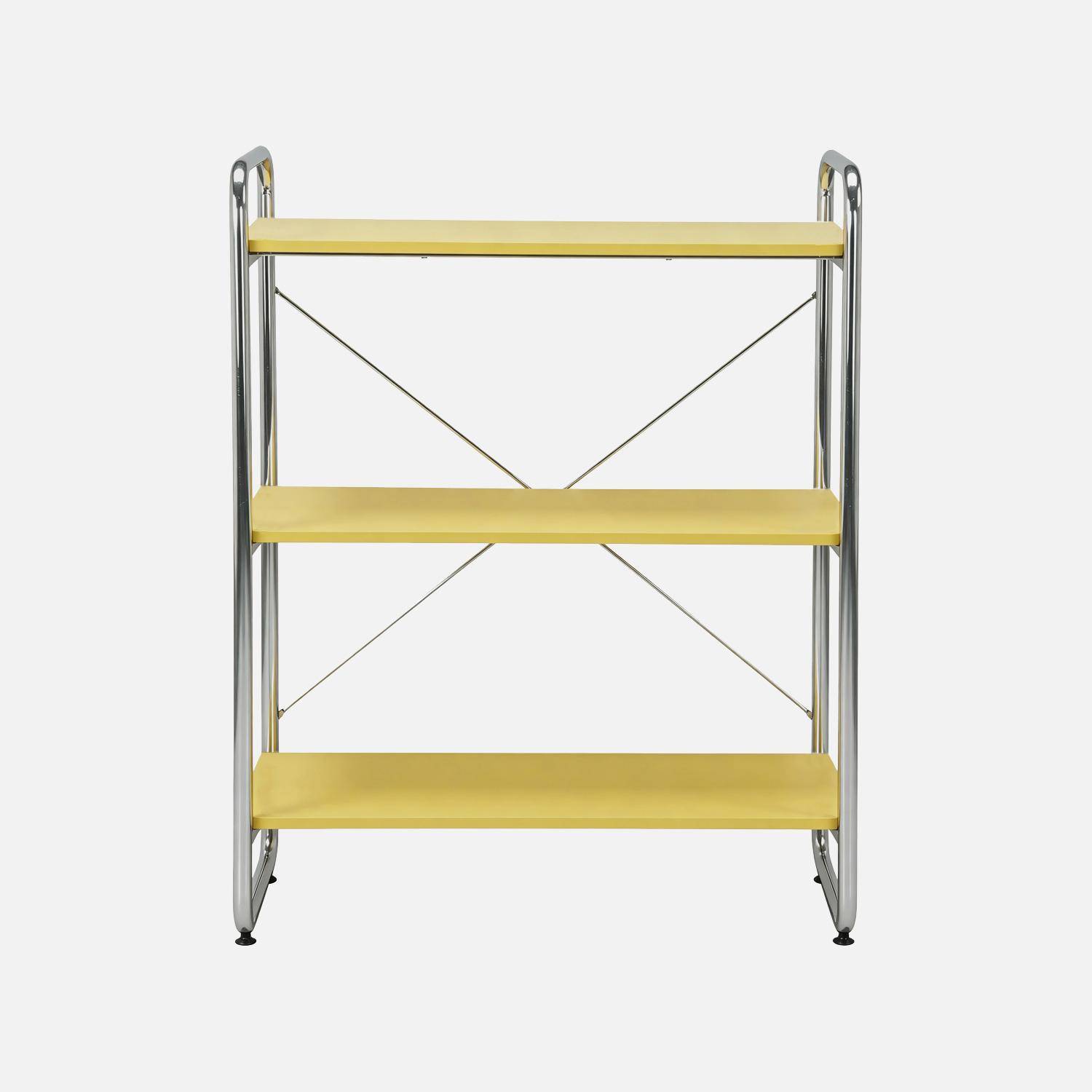 Scaffale libreria in metallo cromato ed effetto legno, 3 livelli, Lennox, Giallo, 80x40x103.5 cm,sweeek,Photo2