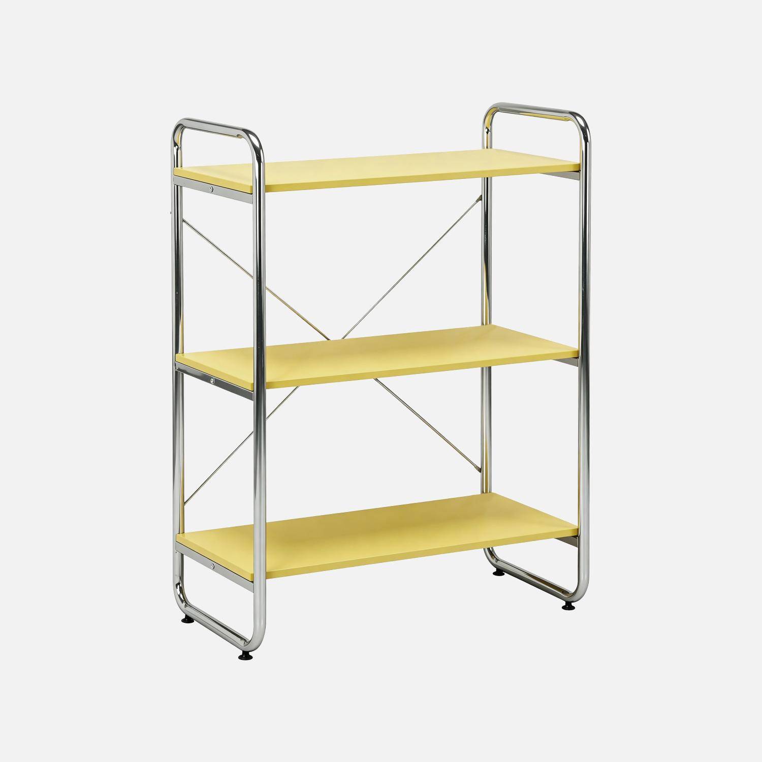 Scaffale libreria in metallo cromato ed effetto legno, 3 livelli, Lennox, Giallo, 80x40x103.5 cm Photo1