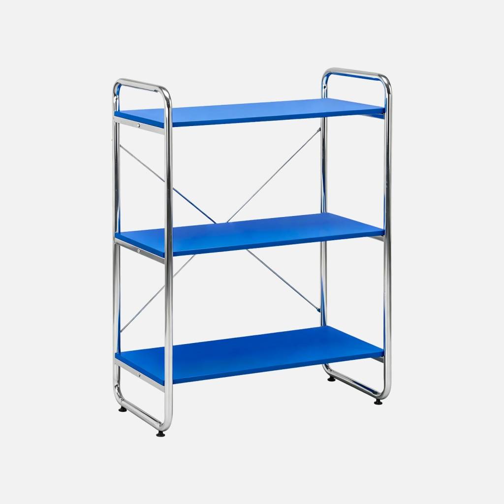 Estante de biblioteca em metal cromado e madeira 3 níveis, Azul escuro