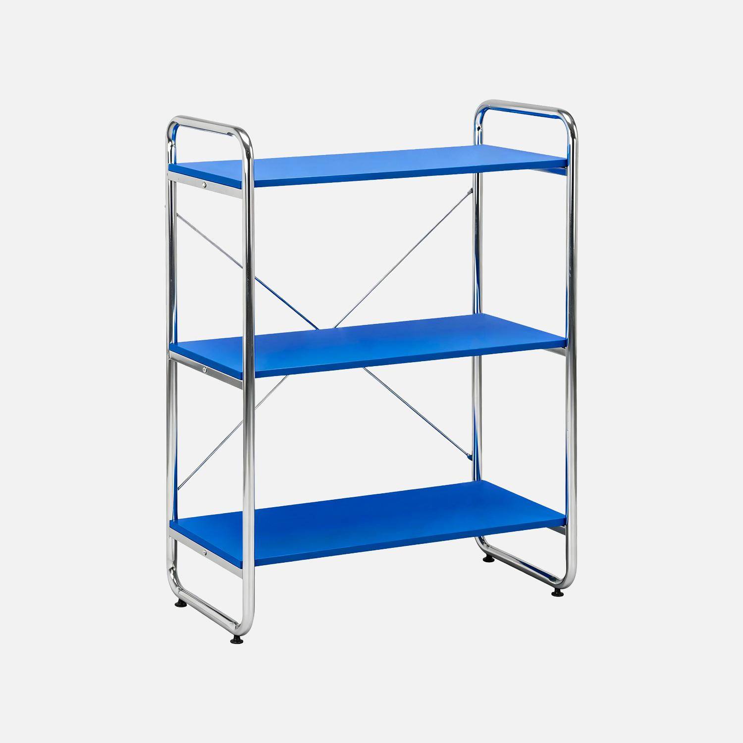 Scaffale libreria in metallo cromato ed effetto legno, 3 livelli, Lennox, Blu scuro, 80x40x103.5 cm Photo1