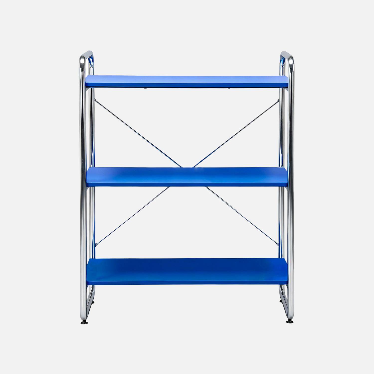 Scaffale libreria in metallo cromato ed effetto legno, 3 livelli, Lennox, Blu scuro, 80x40x103.5 cm Photo2
