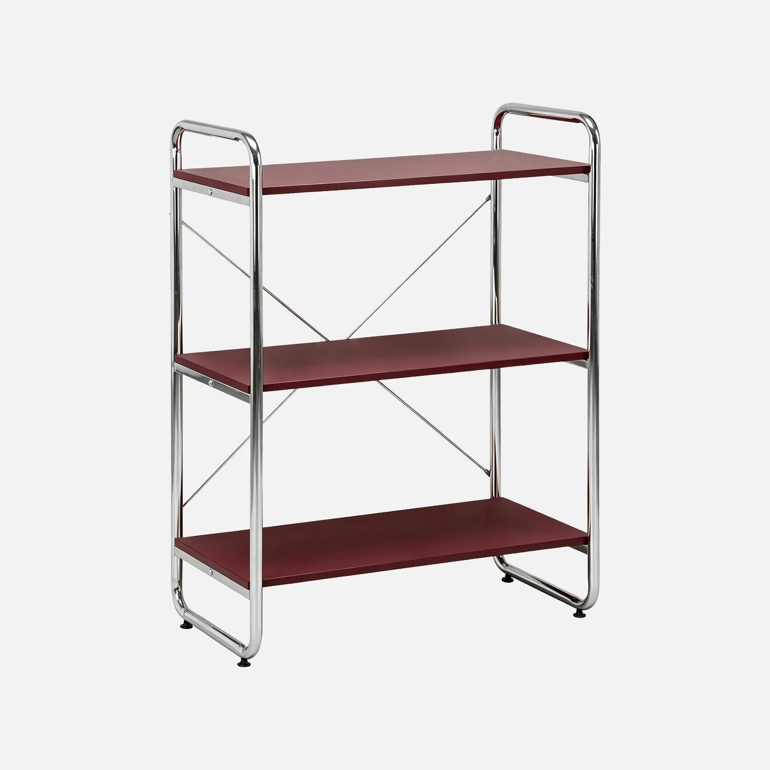 Scaffale libreria in metallo cromato ed effetto legno, 3 livelli, Lennox, Bordeaux, 80x40x103.5 cm,sweeek,Photo1