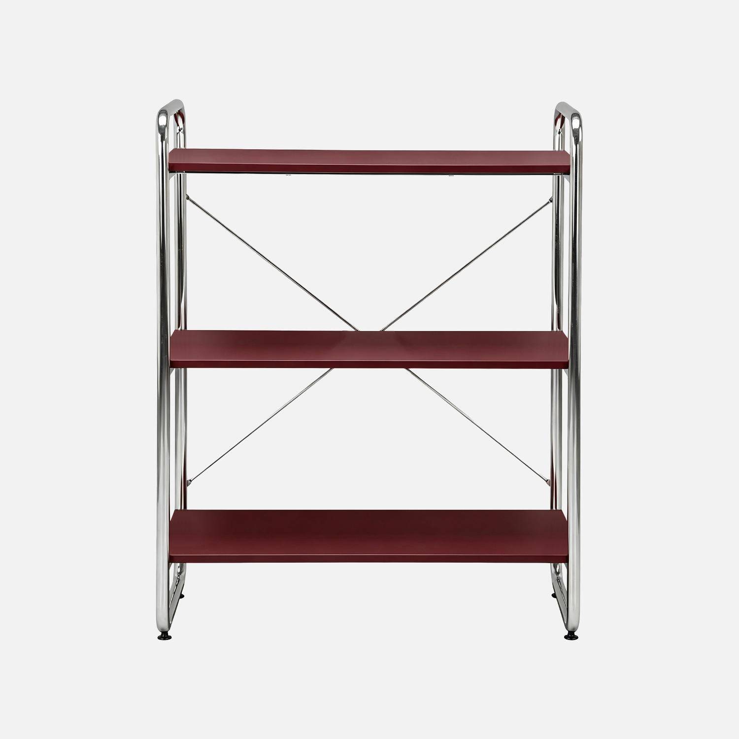 Scaffale libreria in metallo cromato ed effetto legno, 3 livelli, Lennox, Bordeaux, 80x40x103.5 cm Photo2