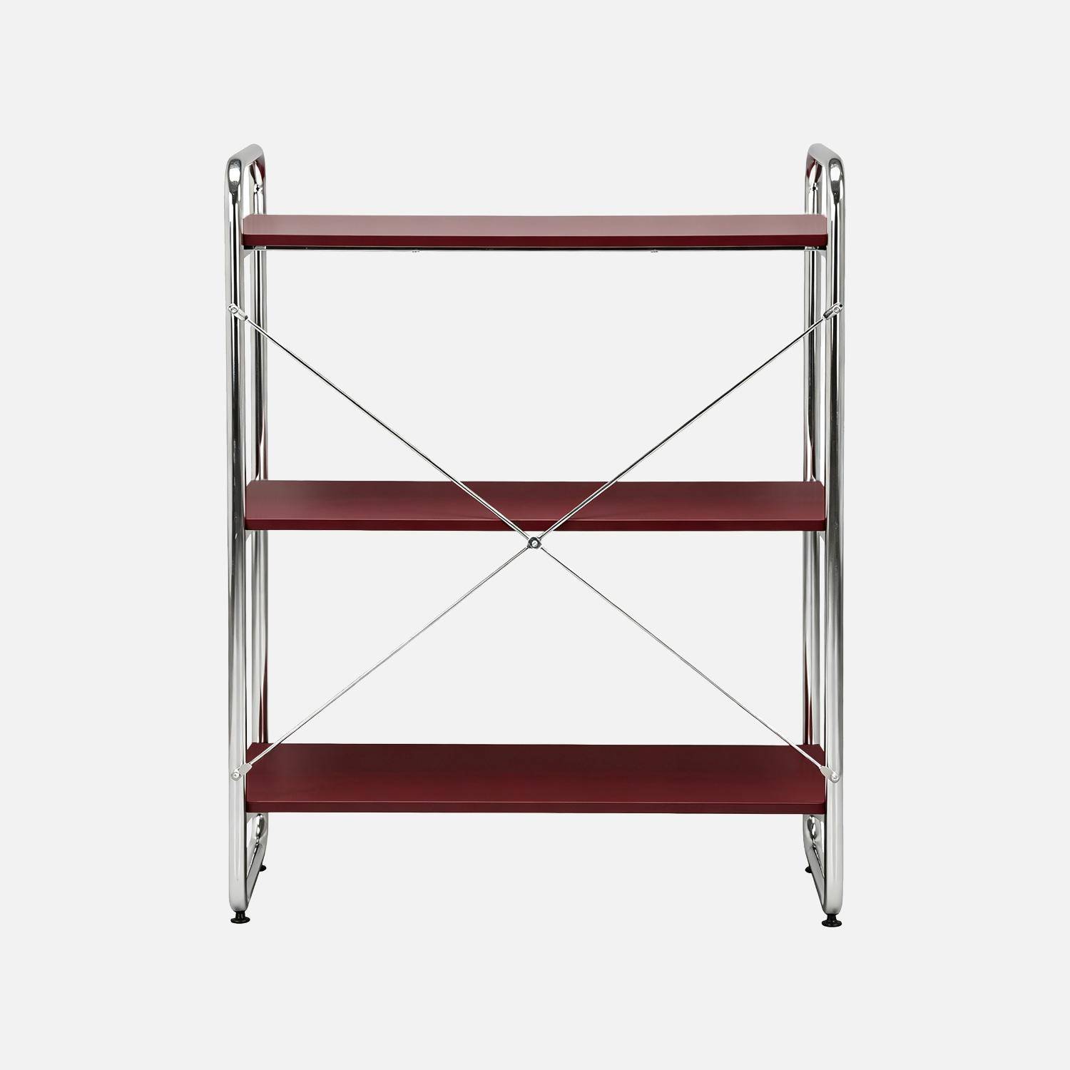 Scaffale libreria in metallo cromato ed effetto legno, 3 livelli, Lennox, Bordeaux, 80x40x103.5 cm Photo3