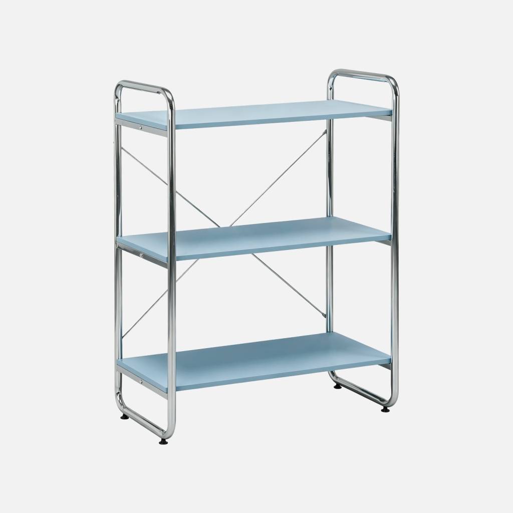 Scaffale libreria in metallo cromato ed effetto legno, 3 livelli, Blu chiaro