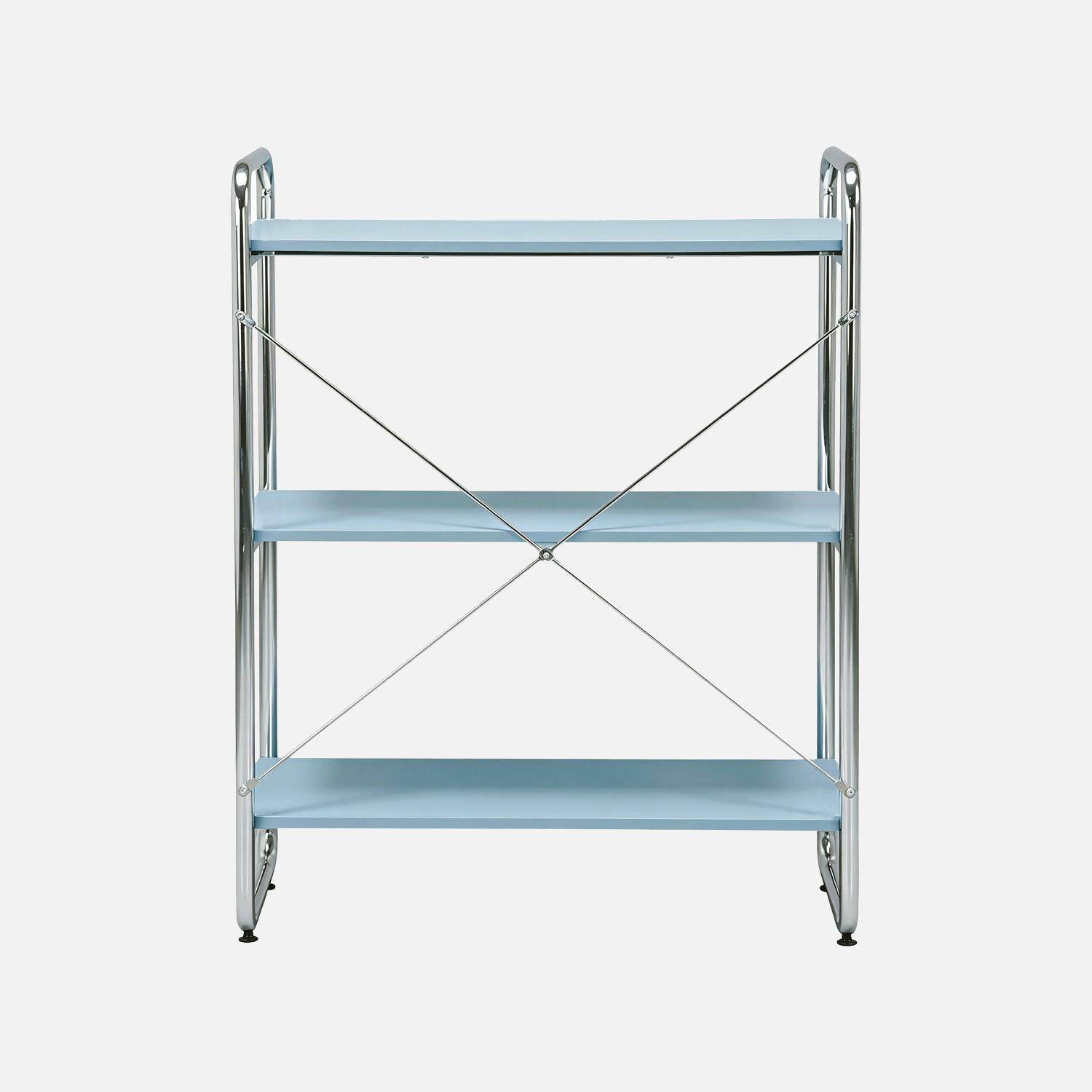 Scaffale libreria in metallo cromato ed effetto legno, 3 livelli, Lennox, Blu chiaro, 80x40x103.5 cm Photo3