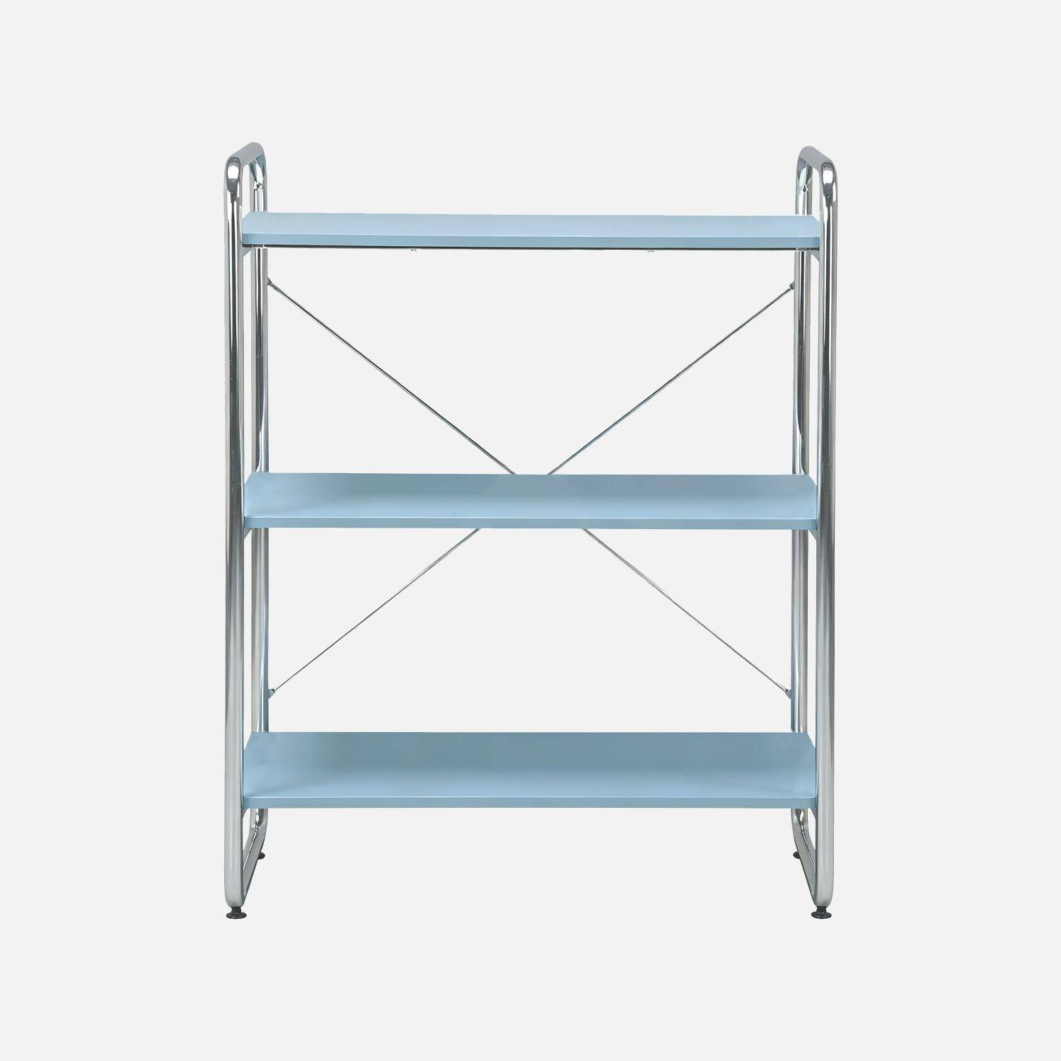 Scaffale libreria in metallo cromato ed effetto legno, 3 livelli, Lennox, Blu chiaro, 80x40x103.5 cm,sweeek,Photo2
