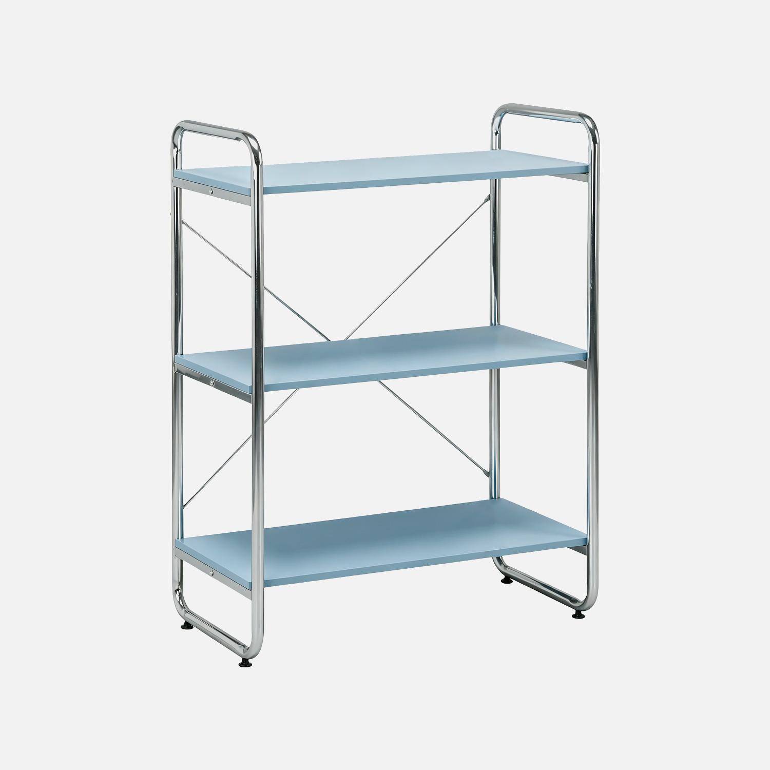 Scaffale libreria in metallo cromato ed effetto legno, 3 livelli, Lennox, Blu chiaro, 80x40x103.5 cm Photo1