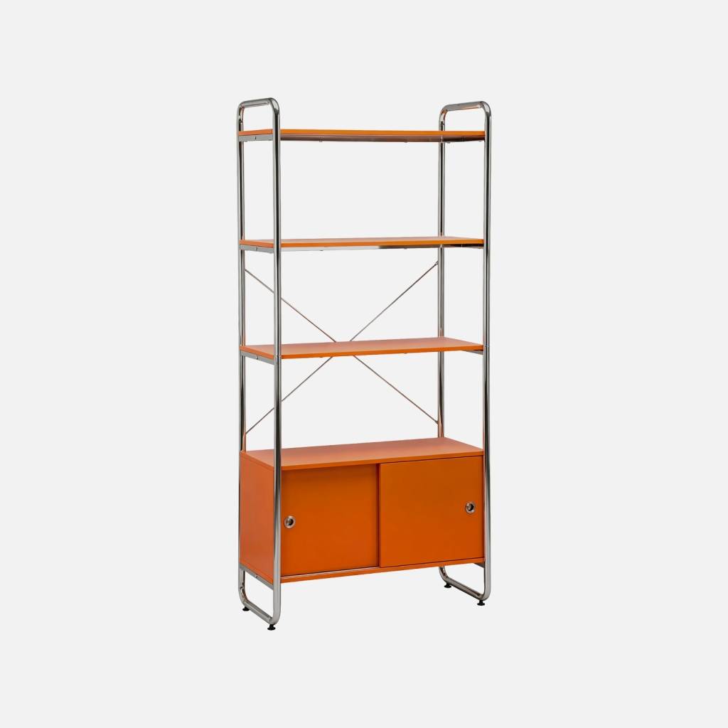 Scaffale libreria in metallo cromato ed effetto legno con 2 ante scorrevoli, 5 livelli, Arancione