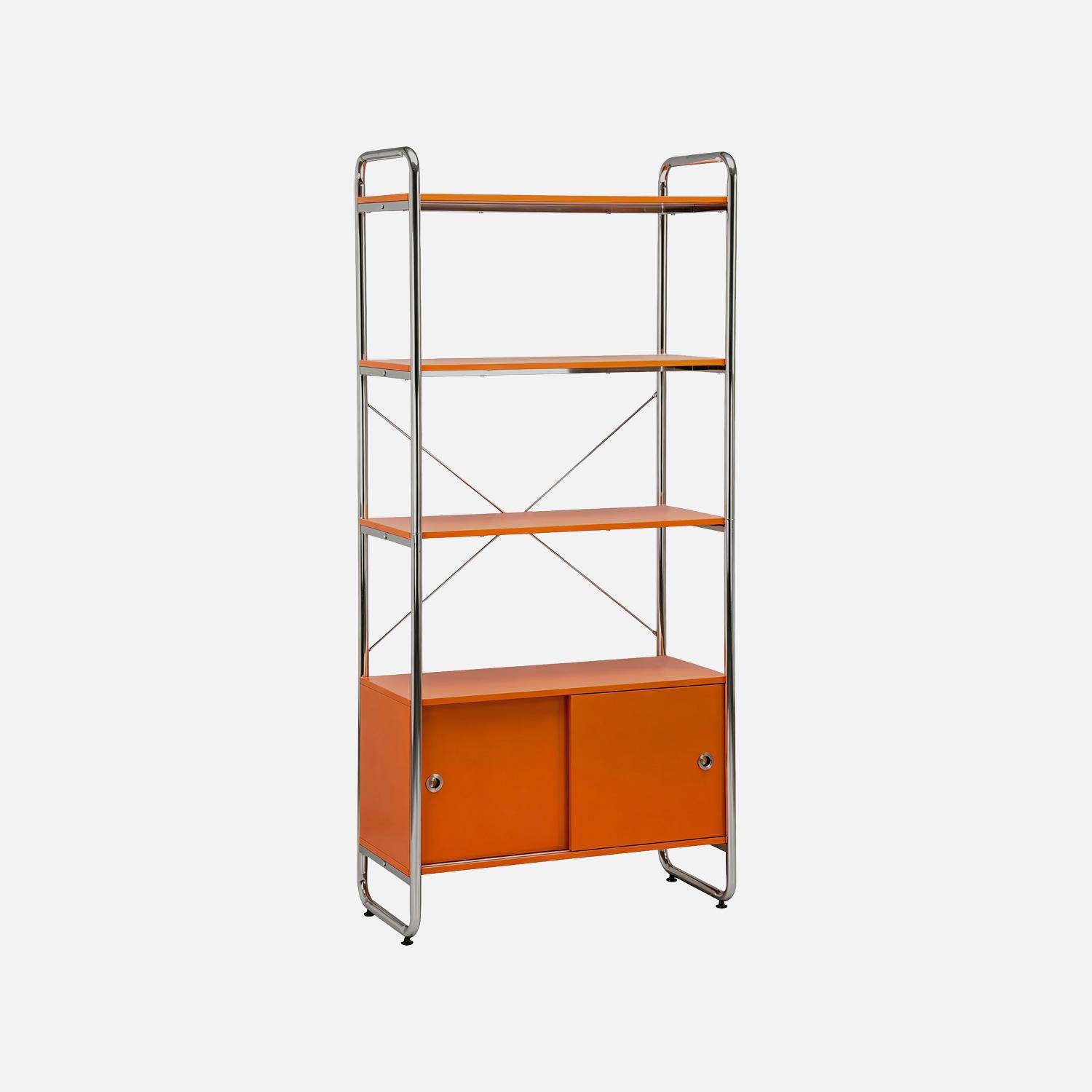 Scaffale libreria in metallo cromato ed effetto legno con 2 ante scorrevoli, 5 livelli, Lennox, Arancione, 80x40x180 cm Photo5