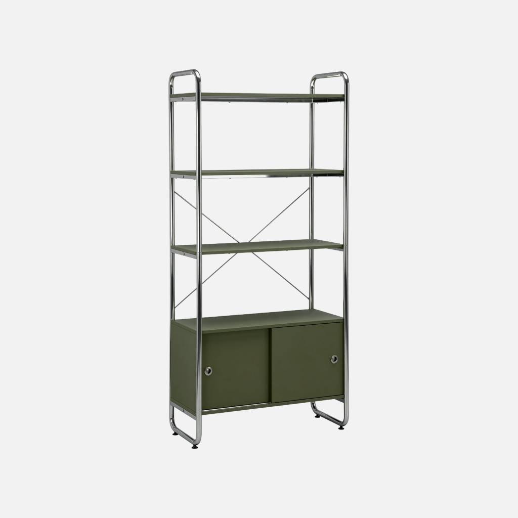Estantería librería en metal cromado y efecto madera con 5 niveles y 2 puertas correderas, Verde kaki