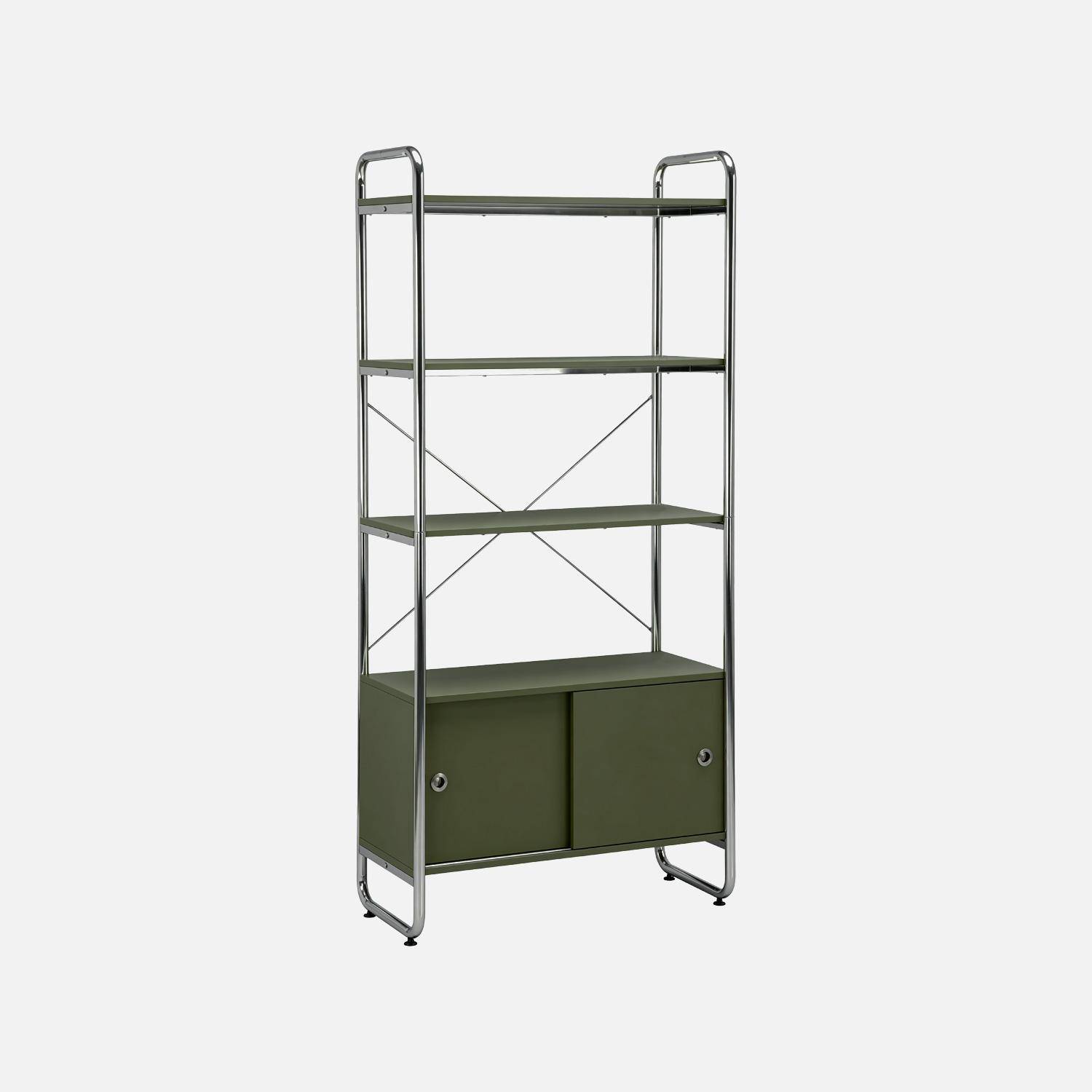 Scaffale libreria in metallo cromato ed effetto legno con 2 ante scorrevoli, 5 livelli, Lennox, Verde kaki, 80x40x180 cm Photo5