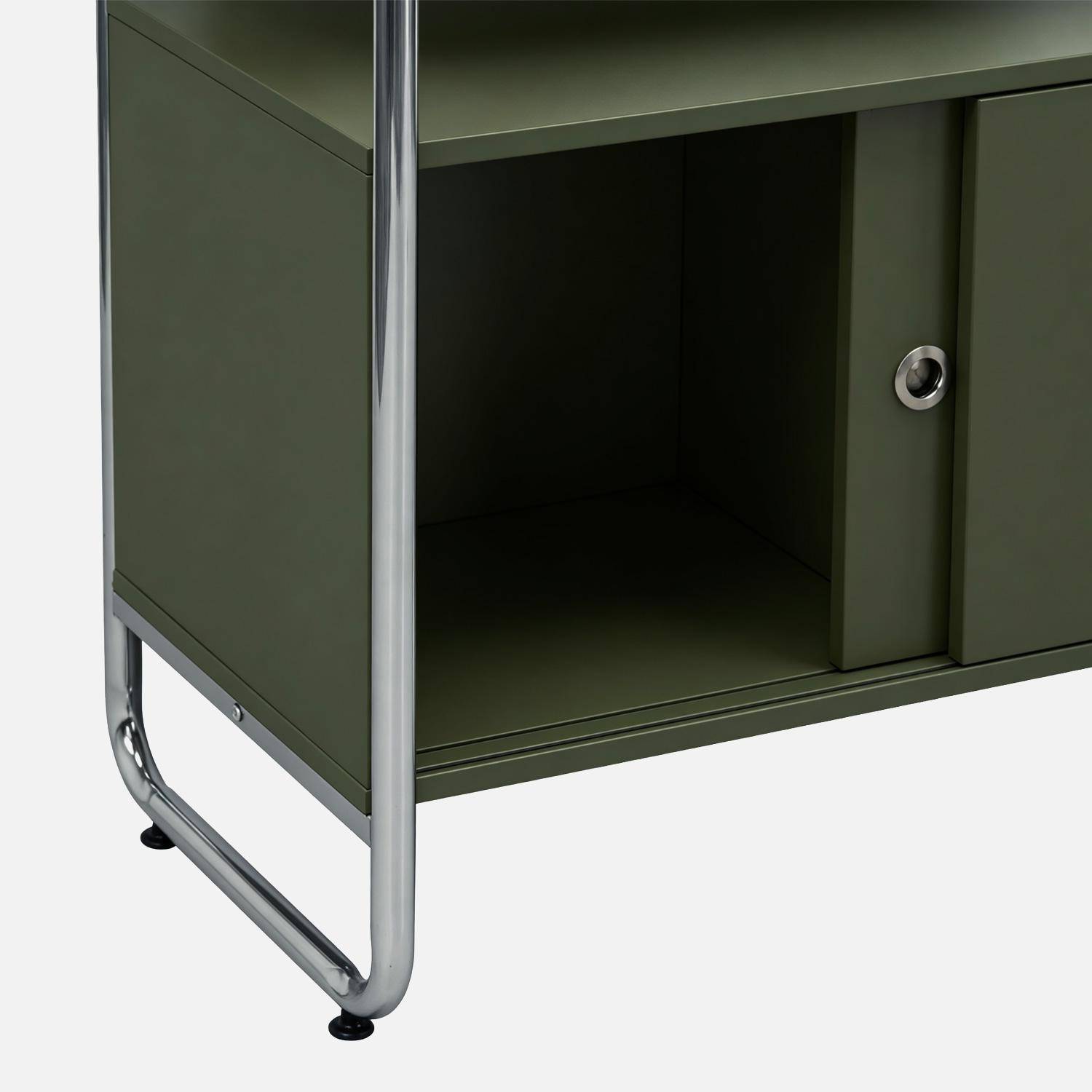 Scaffale libreria in metallo cromato ed effetto legno con 2 ante scorrevoli, 5 livelli, Lennox, Verde kaki, 80x40x180 cm Photo6