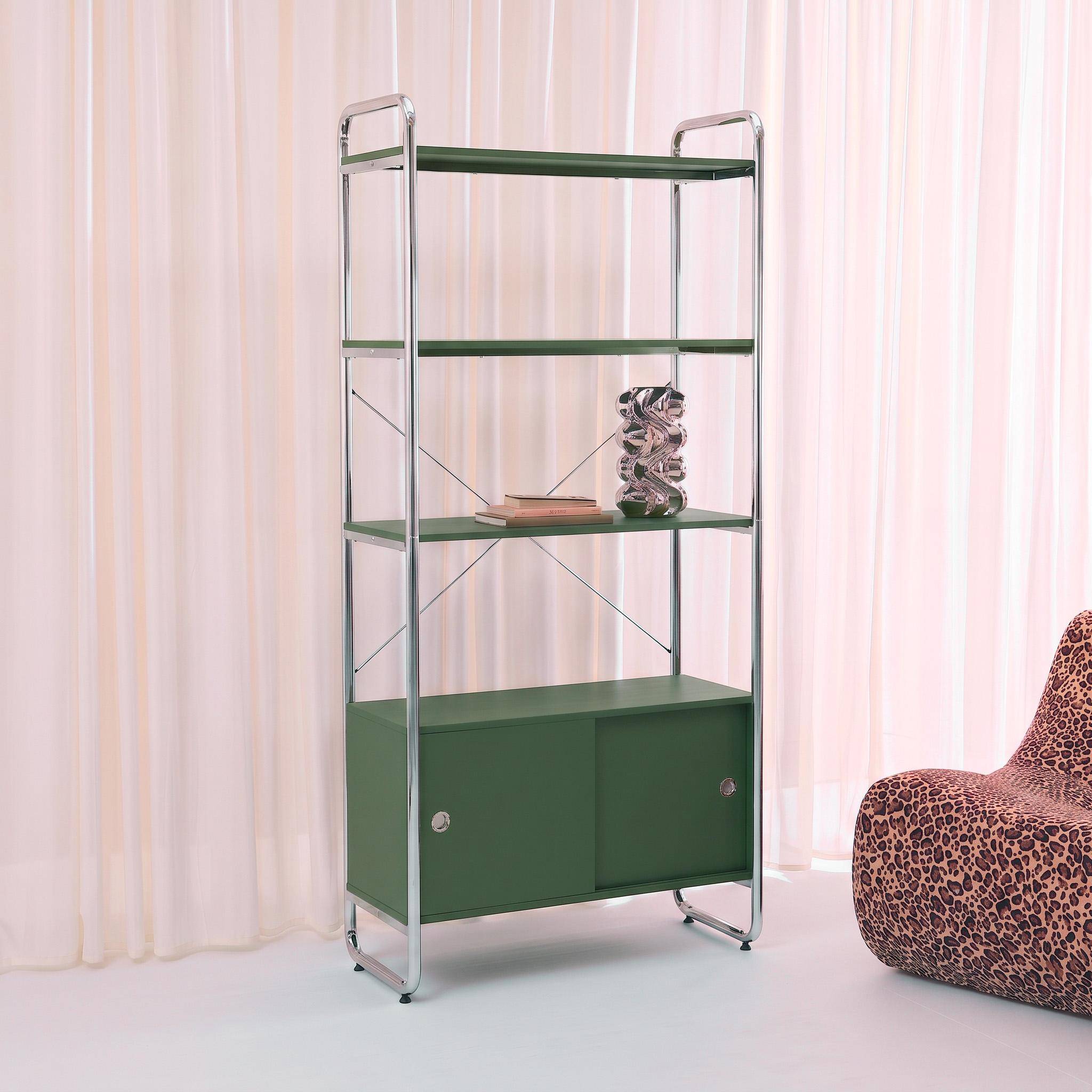 Scaffale libreria in metallo cromato ed effetto legno con 2 ante scorrevoli, 5 livelli, Lennox, Verde kaki, 80x40x180 cm,sweeek,Photo3