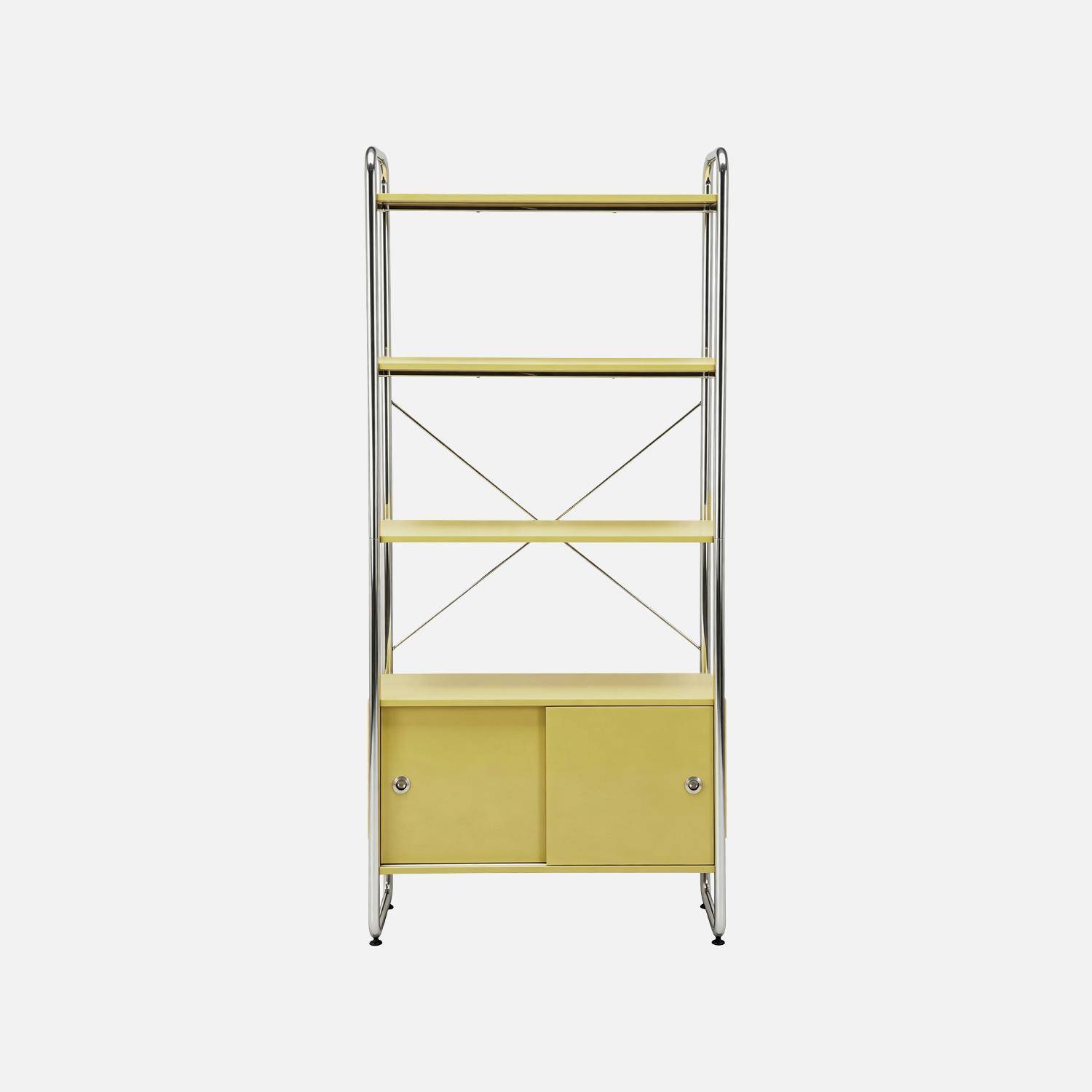 Scaffale libreria in metallo cromato ed effetto legno con 2 ante scorrevoli, 5 livelli, Lennox, Giallo, 80x40x180 cm Photo2