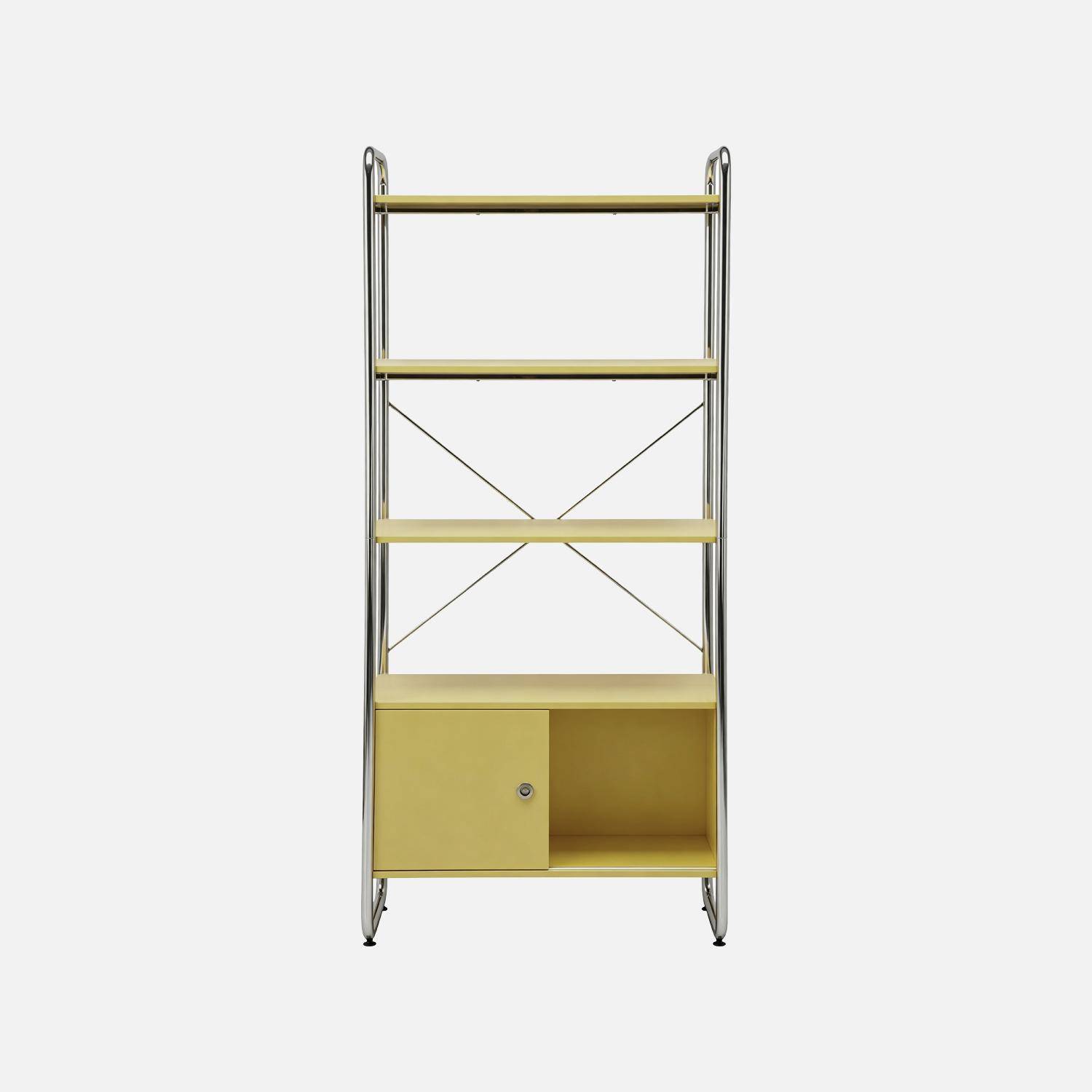 Scaffale libreria in metallo cromato ed effetto legno con 2 ante scorrevoli, 5 livelli, Lennox, Giallo, 80x40x180 cm,sweeek,Photo3