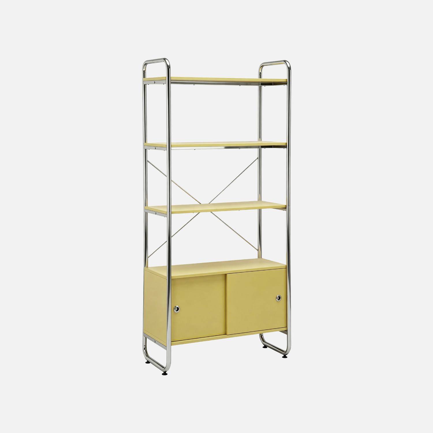 Scaffale libreria in metallo cromato ed effetto legno con 2 ante scorrevoli, 5 livelli, Lennox, Giallo, 80x40x180 cm,sweeek,Photo1