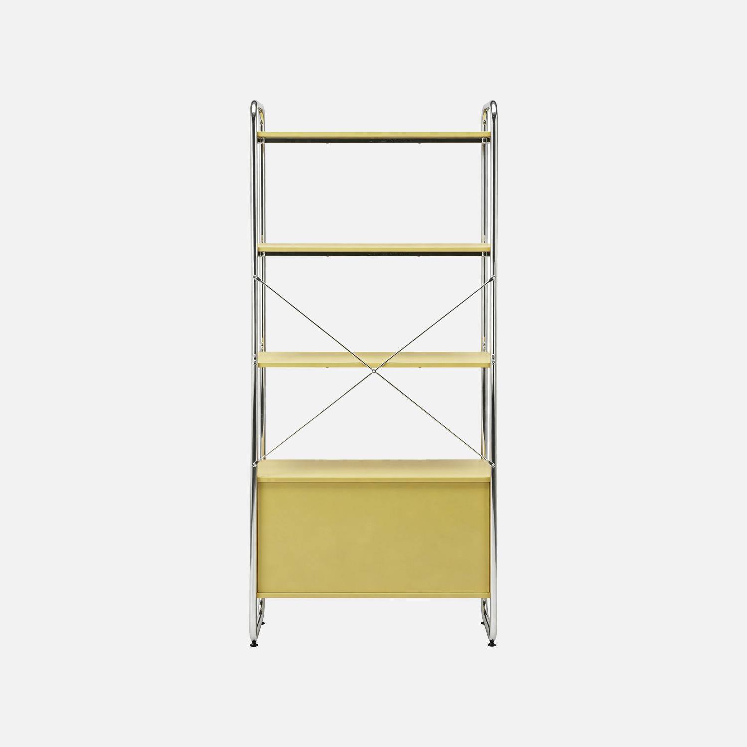 Scaffale libreria in metallo cromato ed effetto legno con 2 ante scorrevoli, 5 livelli, Lennox, Giallo, 80x40x180 cm Photo4