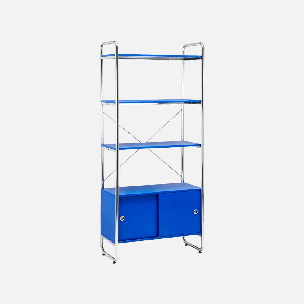 Estantería librería en metal cromado y efecto madera con 5 niveles y 2 puertas correderas, Azul oscuro