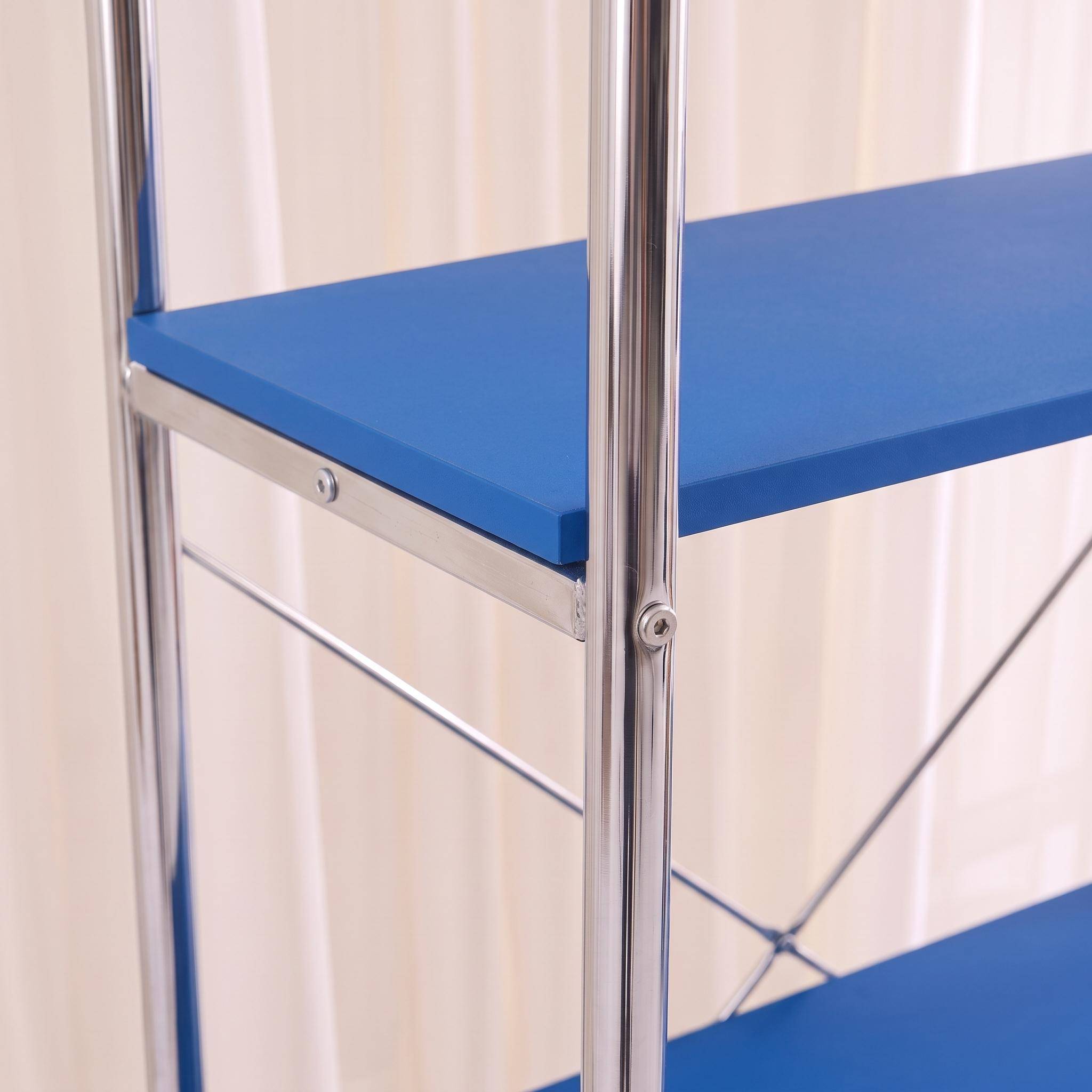 Scaffale libreria in metallo cromato ed effetto legno con 2 ante scorrevoli, 5 livelli, Lennox, Blu scuro, 80x40x180 cm Photo4