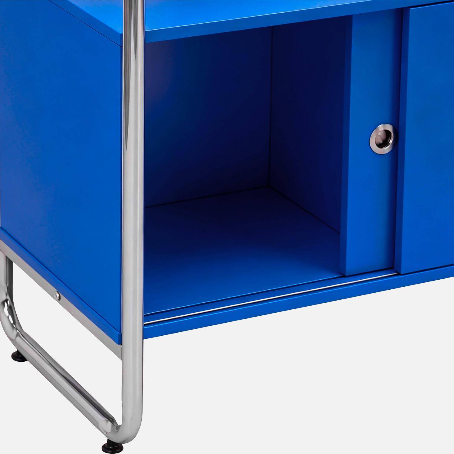 Scaffale libreria in metallo cromato ed effetto legno con 2 ante scorrevoli, 5 livelli, Lennox, Blu scuro, 80x40x180 cm Photo6