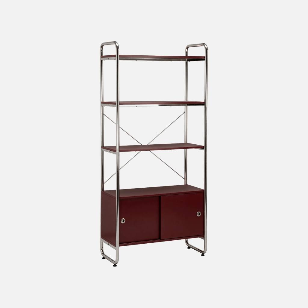 Estantería librería en metal cromado y efecto madera con 5 niveles y 2 puertas correderas, Burdeos