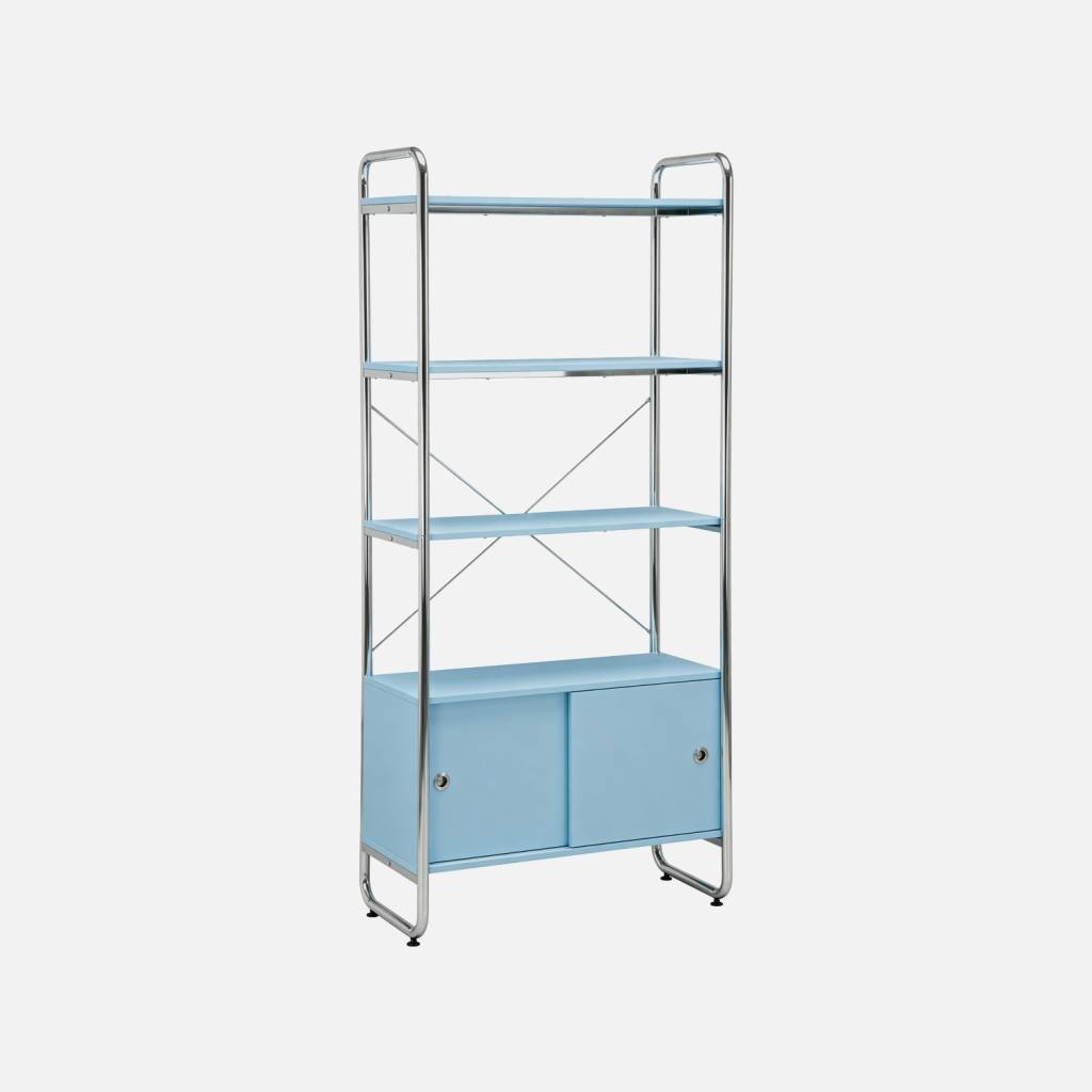 Estantería librería en metal cromado y efecto madera con 5 niveles y 2 puertas correderas, Azul claro