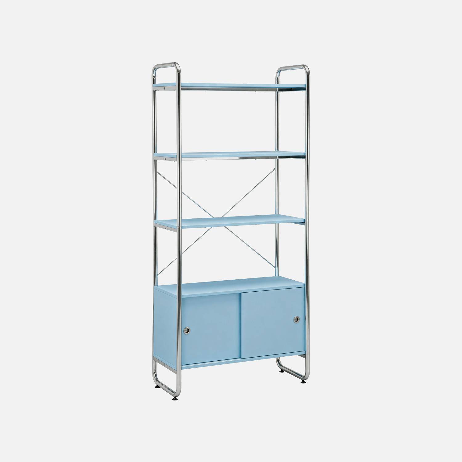 Scaffale libreria in metallo cromato ed effetto legno con 2 ante scorrevoli, 5 livelli, Lennox, Blu chiaro, 80x40x180 cm Photo5