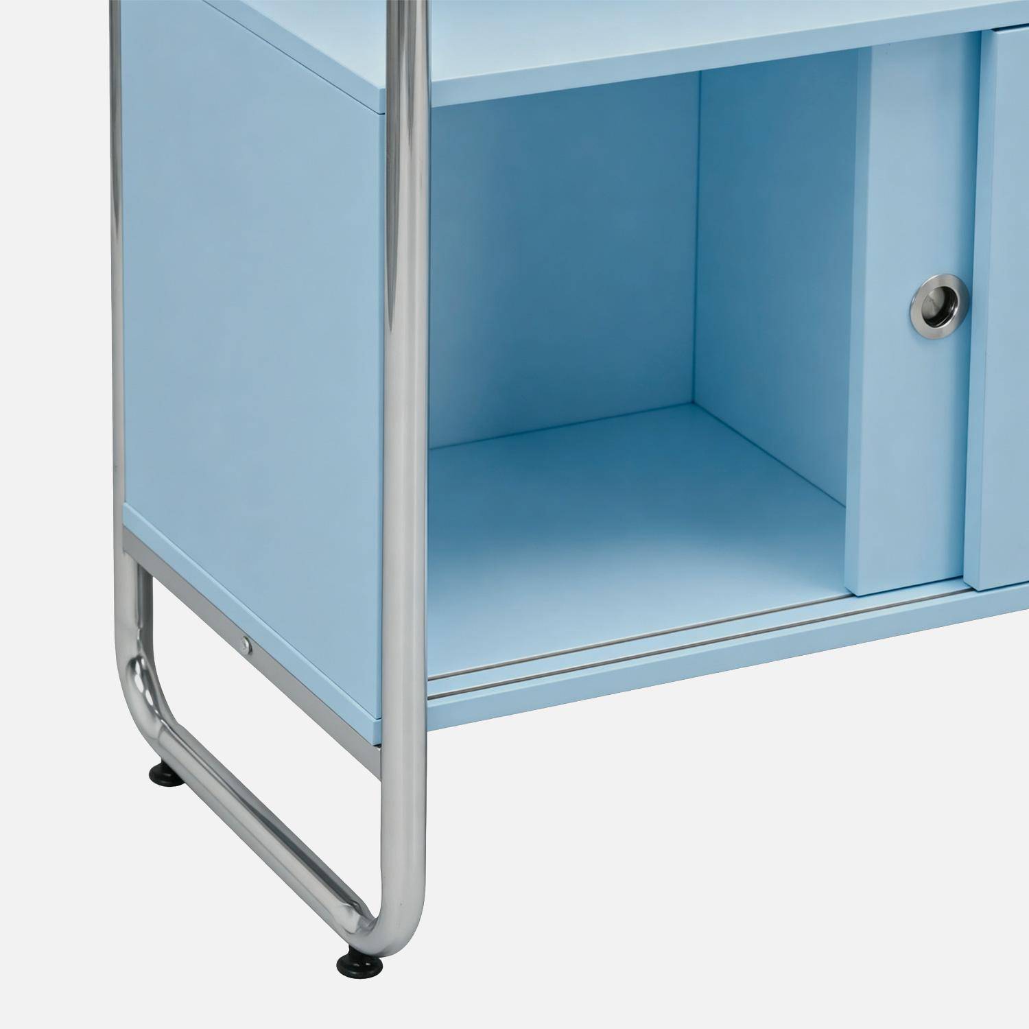 Scaffale libreria in metallo cromato ed effetto legno con 2 ante scorrevoli, 5 livelli, Lennox, Blu chiaro, 80x40x180 cm Photo6